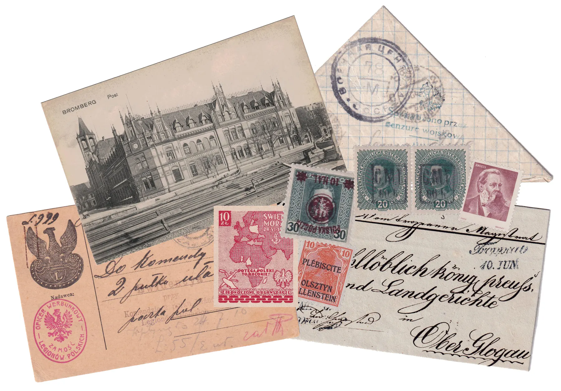 Kompozycja historycznych dokumentów, listów i znaczków pocztowych